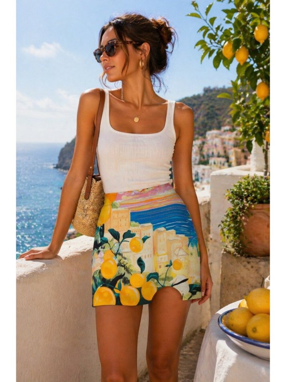 H&M Lemon Print Mini Skirt Mediterranean Coastal Fruit Graphic Size 8 NWT